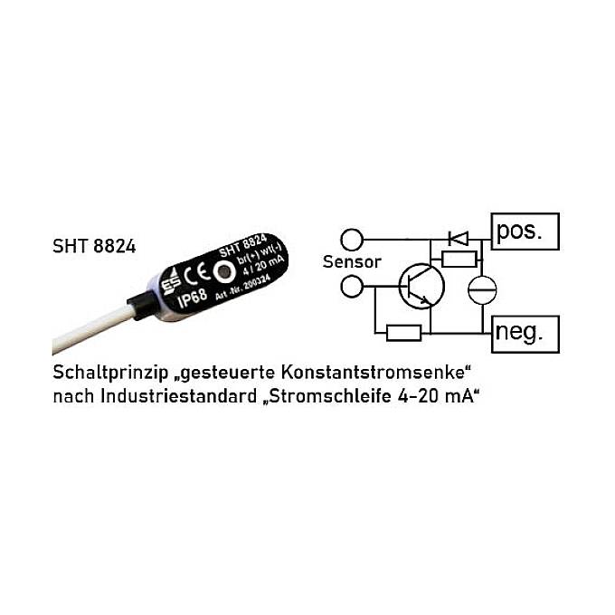 Diagram znázorňuje spínací princip "řízené konstantní proudové zátěže" podle průmyslového standardu "proudové smyčky 4-20 mA" se senzorem a kladným/záporným označením.