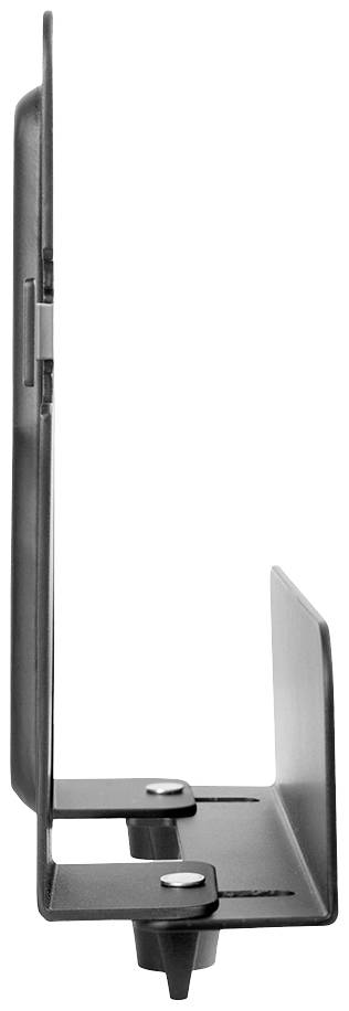 Kovová úhlová svorka v bočním pohledu, zobrazující dvě upevněné šrouby a pravé úhly, používaná pro stabilizaci rámových struktur.