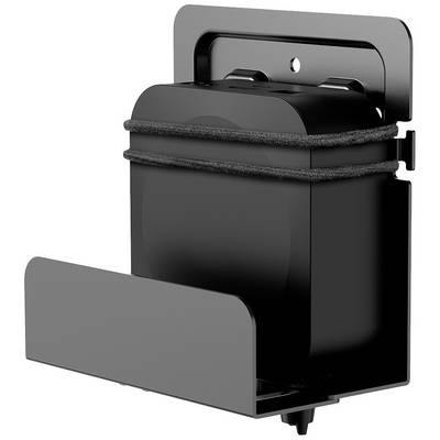 Černý nástěnný dávkovač mýdla v minimalistickém designu. Dávkovač má obdélníkový přední panel a boční otvor.