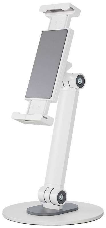 Držák na tablet nebo smartphone s nastavitelným ramenem a otočnou základnou, ideální pro prohlížení nebo práci.