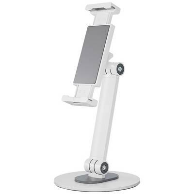 Držák na tablet nebo smartphone s nastavitelným ramenem a otočnou základnou, ideální pro prohlížení nebo práci.