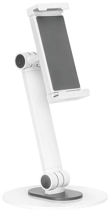 Bílý nastavitelný držák na smartphone nebo tablet s kulatou základnou. Vhodný pro různé pozorovací úhly.