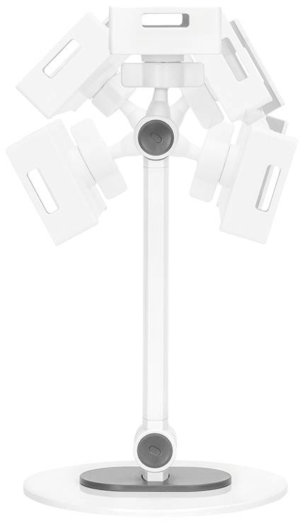 Bílý nastavitelný stojan s několika držáky, které se mohou otáčet kolem centrální osy. Vhodný pro tablety nebo obrazovky.