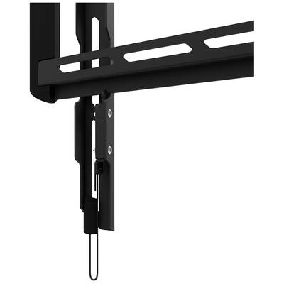 Detailní záběr černého držáku TV na stěnu s nastavitelnými kolejnicemi a šroubovými upevněními, který ukazuje robustní design.