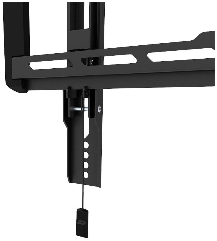Detailní pohled na černý mechanismus nástěnného upevnění s nastavitelnou pákou a několika upevňovacími otvory po straně.