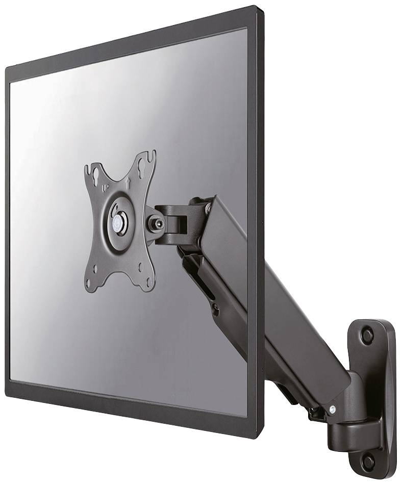 Černý držák monitoru s pohyblivou konstrukční ramenní konzolí, připevněný na stěně, podpírá monitor.