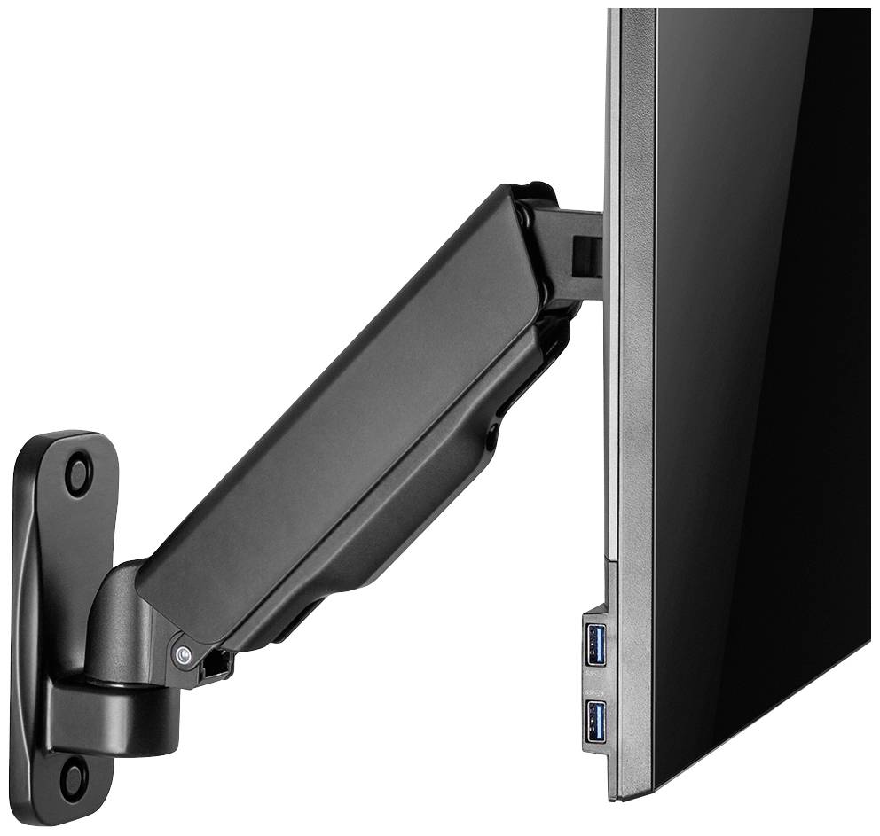 Nástěnný držák nese plochý displej s USB porty po straně.