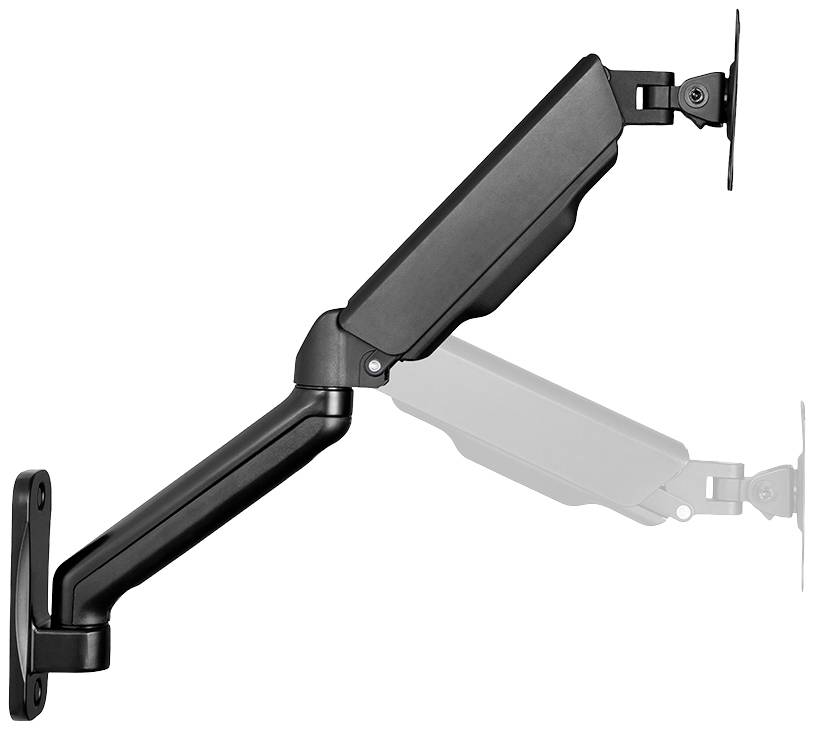 Černý, nastavitelný držák monitoru pro montáž na stěnu. Pohybuje se flexibilně do různých poloh pro optimální výhled.
