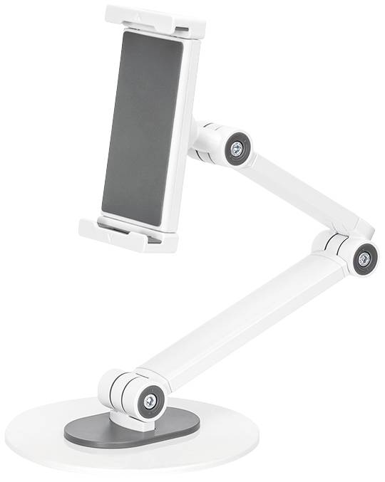 Bílý nastavitelný stolní držák na tablety nebo smartphony se stabilní základnou a klouby pro flexibilní polohování zařízení.