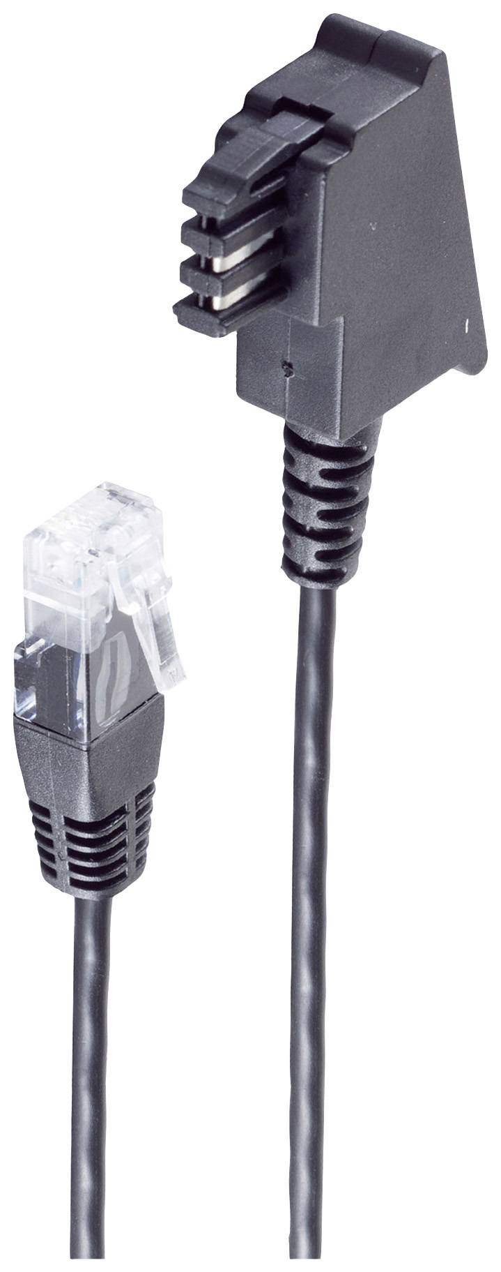Dva různé konektory na jednom kabelu, průhledný konektor RJ11 a černý šikmý konektor.