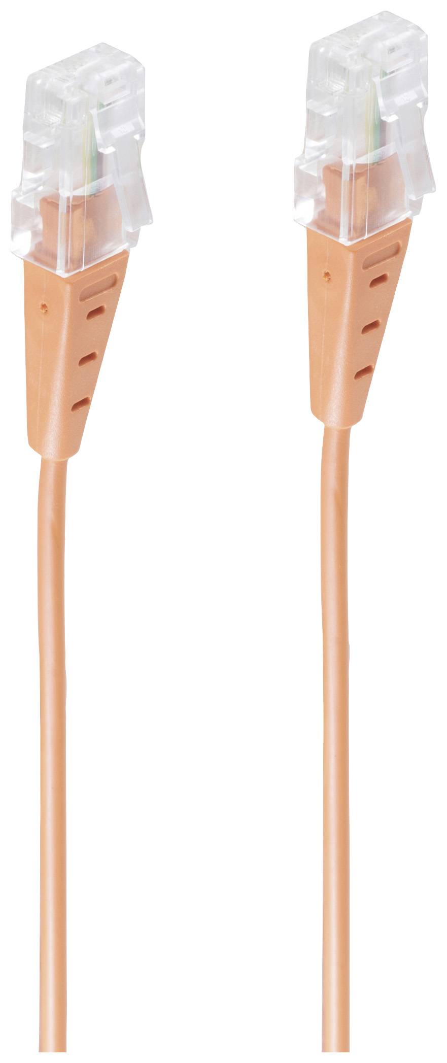 Oranžový síťový kabel s průhlednými, obdélníkovými konektory na obou koncích.