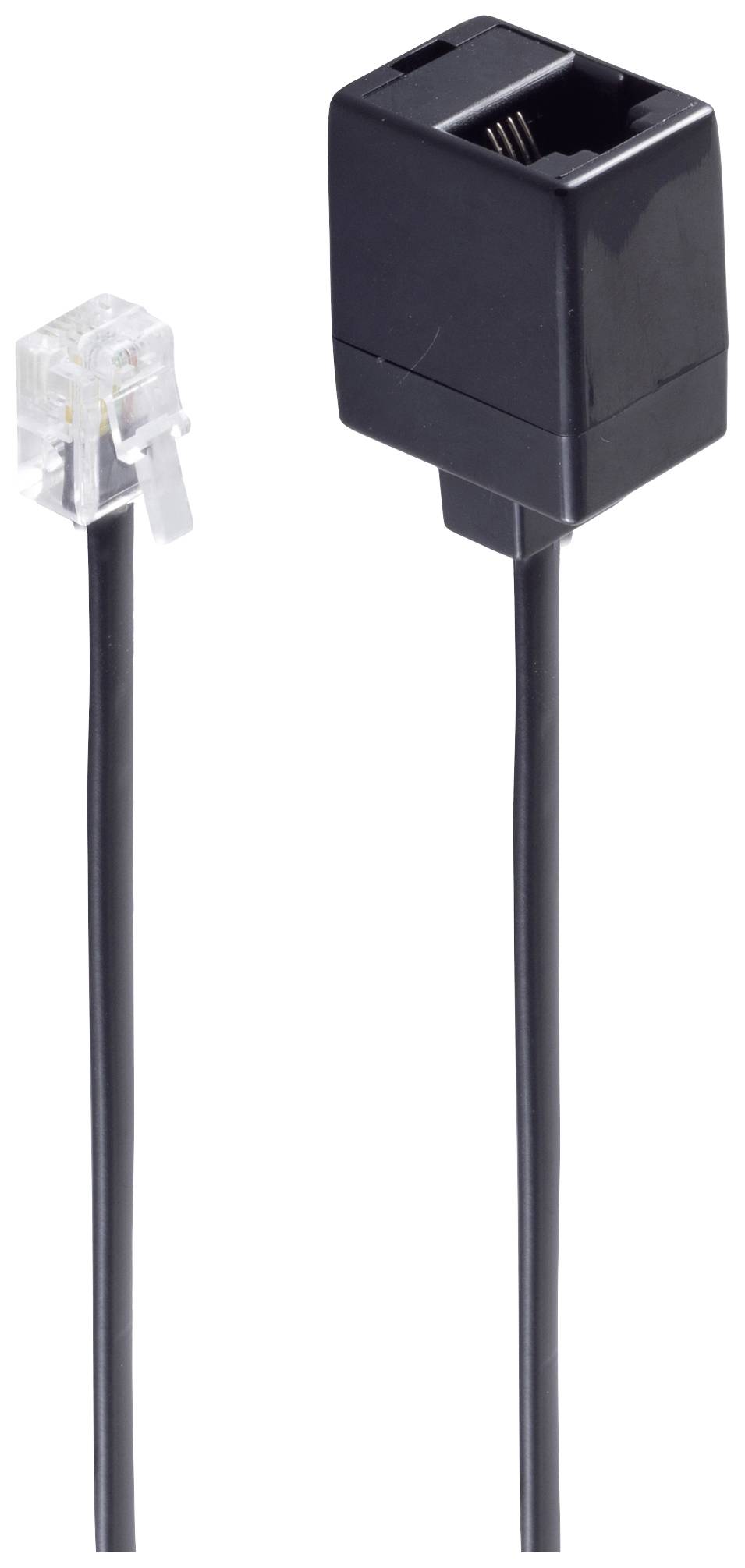 Telefonní kabel s černým RJ11 adaptérem. Adaptér má jeden RJ-11 port. Kabel je vhodný pro připojení k telefonním nebo DSL linkám.