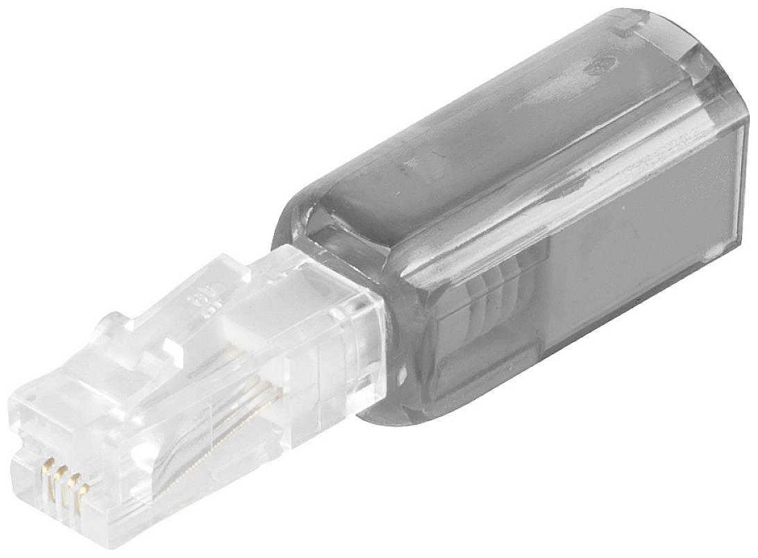 Šedý RJ-45 ethernetový konektor, částečně průhledný, zobrazený z úhlu, který odhaluje vnitřní i vnější detaily.