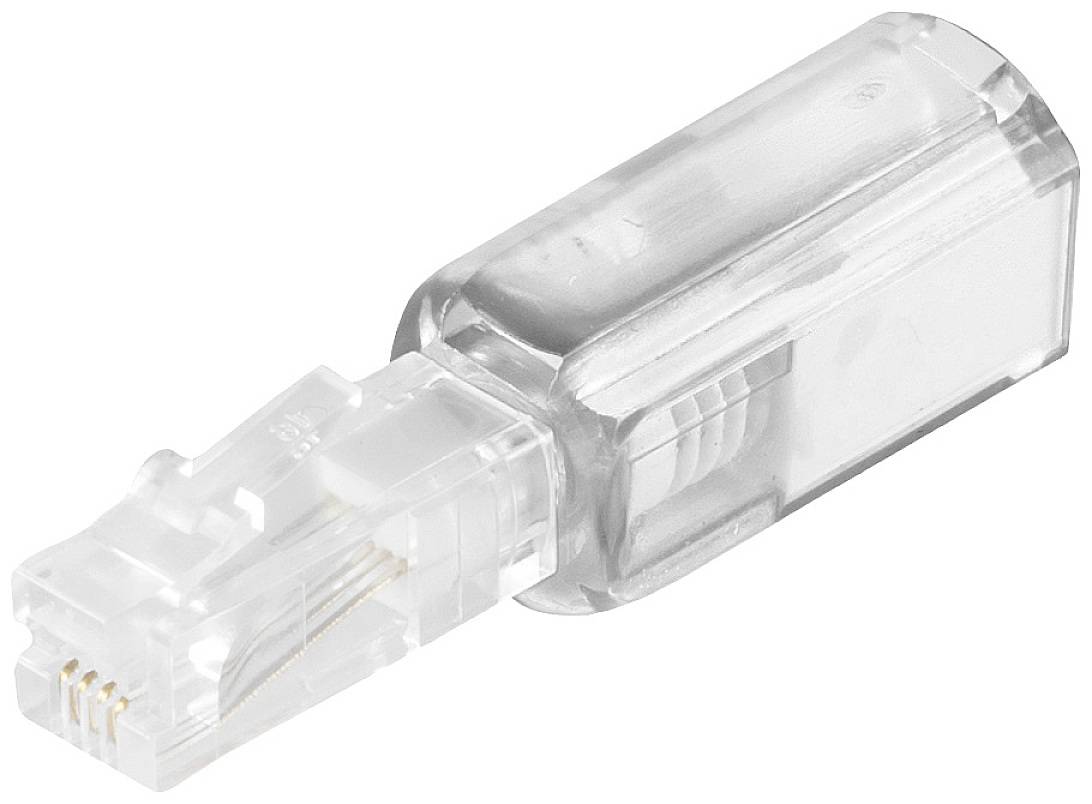 Bílá síťová zástrčka RJ45, typická pro ethernetové kabely, izolovaná na bílém pozadí.