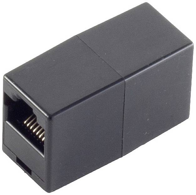 Černý ethernetový spojovací člen se dvěma zásuvkami RJ45 pro propojení síťových kabelů.