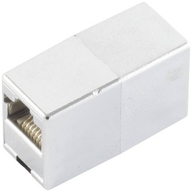 Stříbrný RJ45 spojovací adaptér pro propojení dvou ethernetových kabelů s ženskými konektory na obou koncích, vhodný pro síťové aplikace.