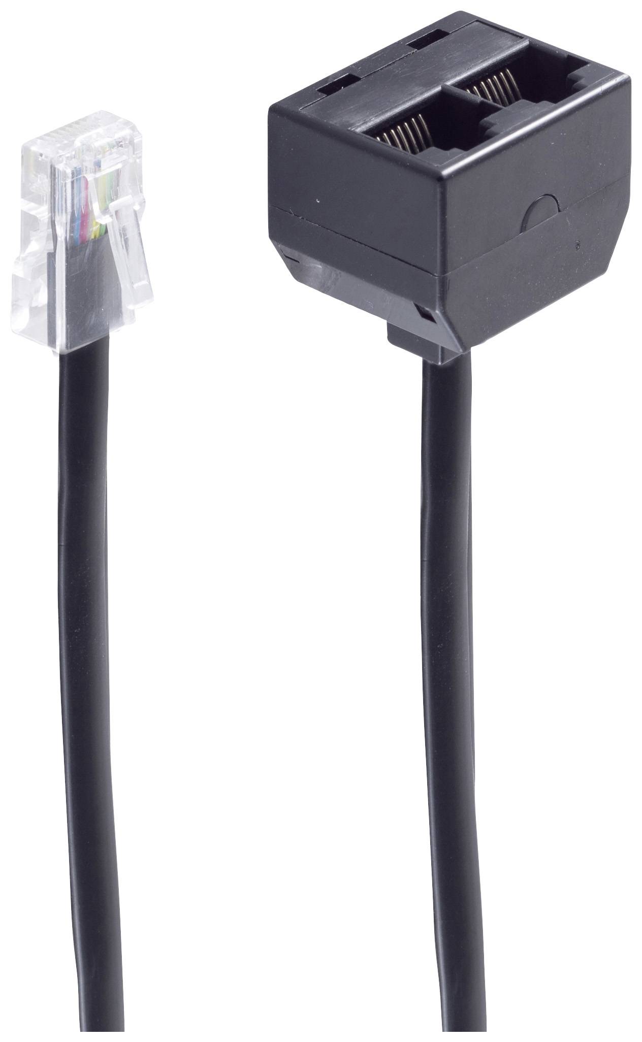 Ethernetový kabel končí vlevo konektorem RJ45 a vpravo černým rozbočovačem pro připojení dvou zařízení.
