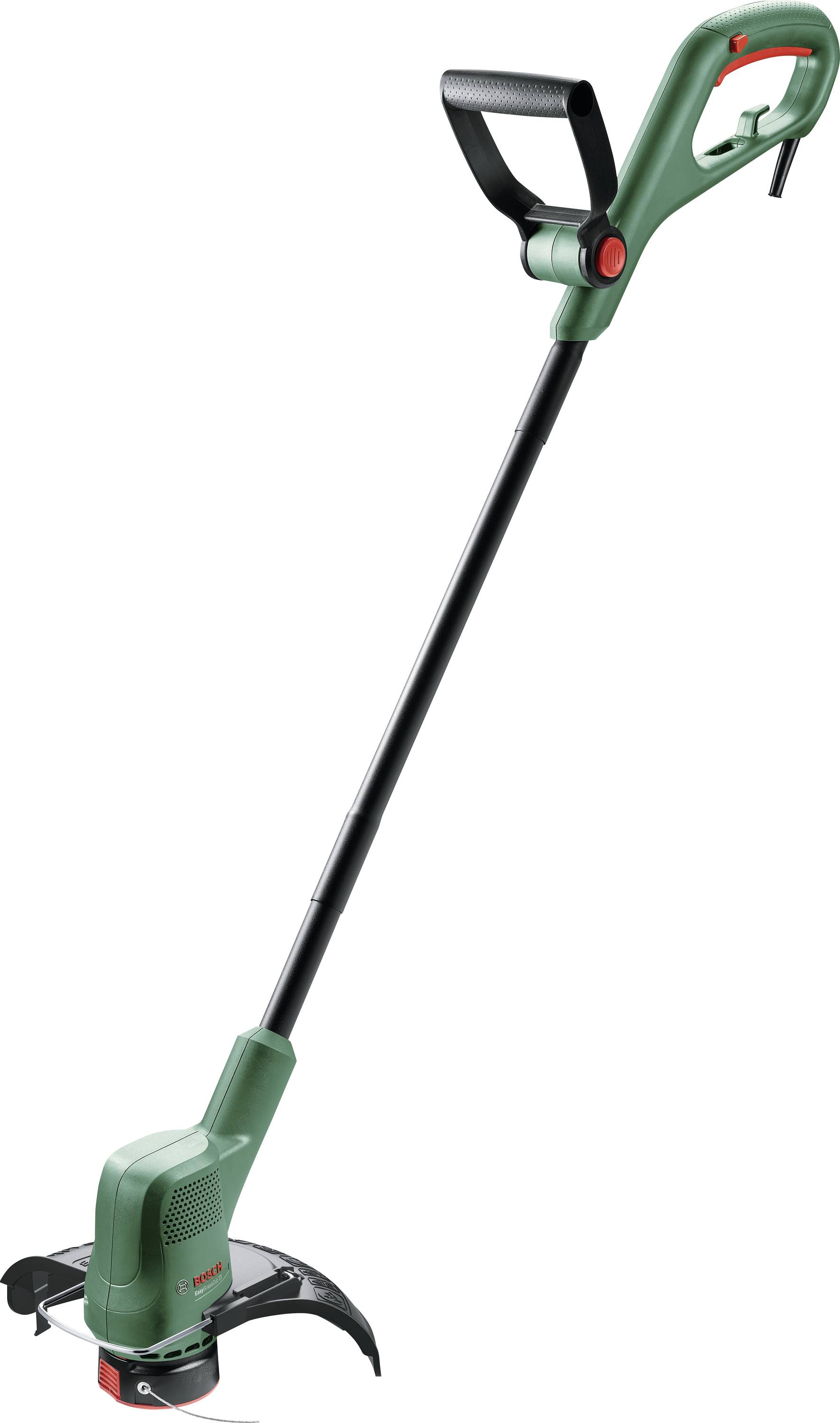 Zelený a černý elektrický vyžínač trávy s ergonomickou rukojetí a nastavitelným kmenem pro údržbu zahrady.