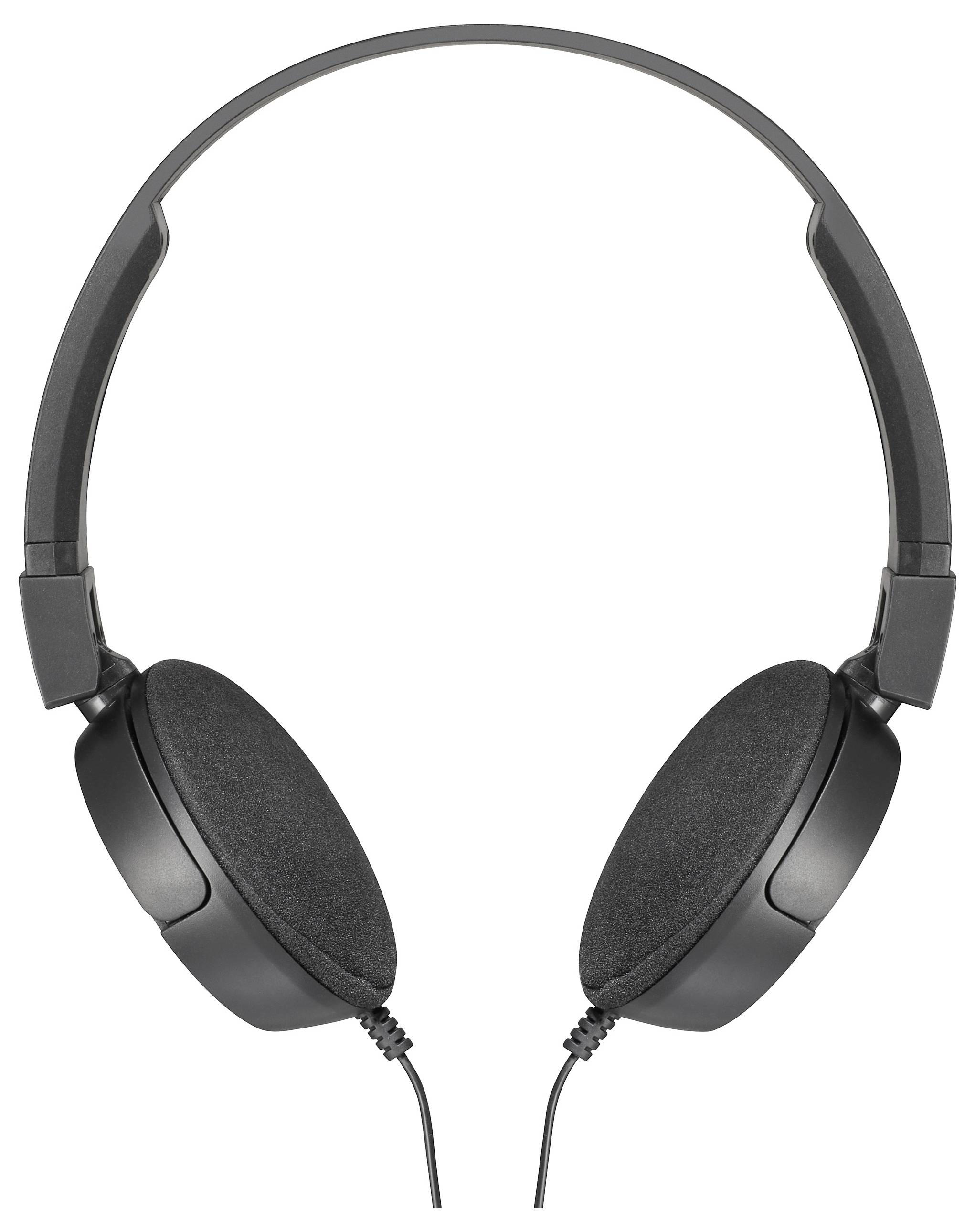 Černé náhlavní sluchátka s obloukem a polstrovanými mušlovými náušníky, zobrazené čelně. Vhodné pro hudbu nebo audio obsah.