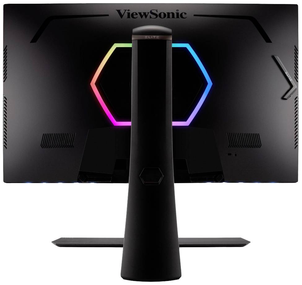 Zadní strana černého monitoru ViewSonic se šestiúhelníkovým LED osvětlením v barvách duhy.