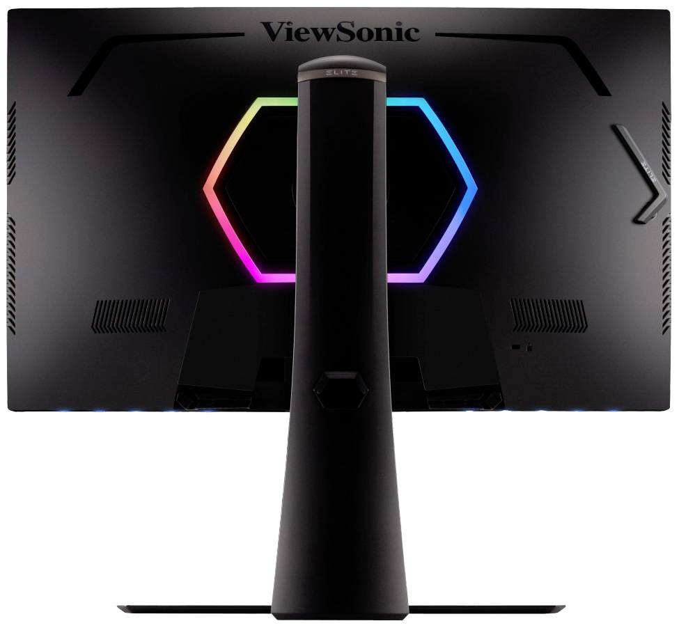 Počítačový monitor zezadu, osvětlený šestiúhelníkovým barevným RGB světlem na zadní straně.