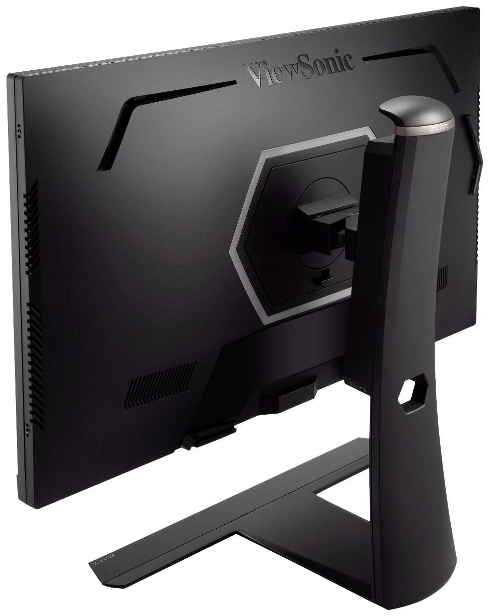 Černý monitor ViewSonic pohledem zezadu odhaluje štíhlý design s robustní základnou.