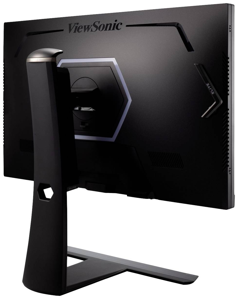 Pohled zezadu na monitor ViewSonic s moderním ergonomickým stojanem a šestiúhelníkovým vzorem na zadní straně.
