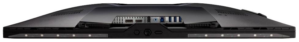 Pohled zezadu na monitor s několika přípojkami, včetně HDMI, DisplayPortu a USB portů, zdůrazňuje konektivitu.