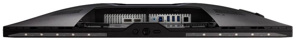 Pohled zezadu na počítačový monitor s několika porty, včetně HDMI, USB a DisplayPort, umístěnými v elegantním štíhlém těle.