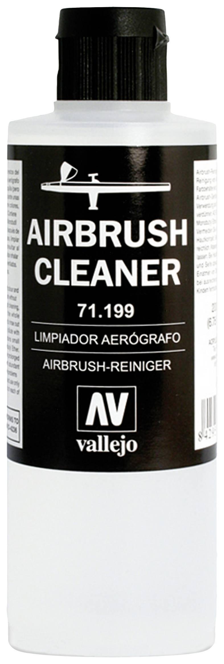Čistič airbrush 71.199 v plastové láhvi od značky Vallejo. Láhev má černý uzávěr a bílý popis.