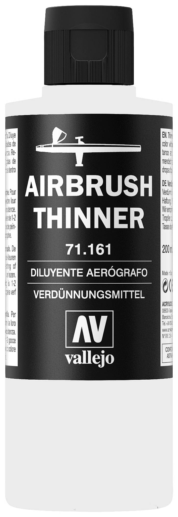Láhev s nápisem 'Airbrush Thinner 71.161'. Obsahuje ředidlo určené pro airbrush aplikace. Značka: Vallejo.