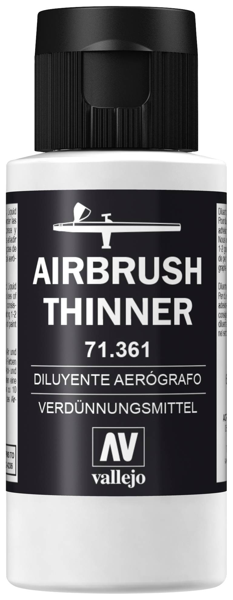 Ředidlo pro airbrush 71.361, značka Vallejo. Ředidlo pro airbrush barvy. Černý štítek s bílým písmem.