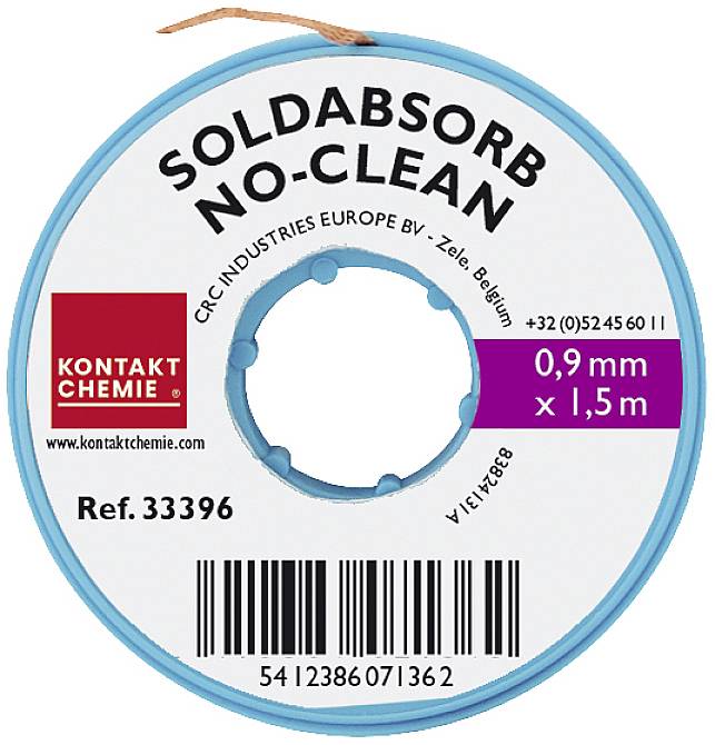 Kulatá cívka s nápisem: 'SOLDABSORB NO-CLEAN'. Průměr: 0,9 mm, délka: 1,5 m. Obsahuje kontaktní informace a čárový kód.