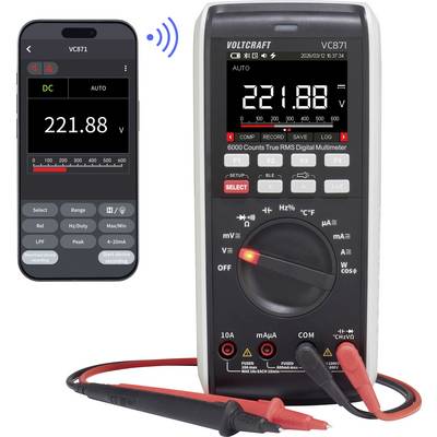 Displej digitálního multimetru zobrazující 221,88 V AC, s aplikací smartphonu zrcadlící odečet přes bezdrátové připojení.
