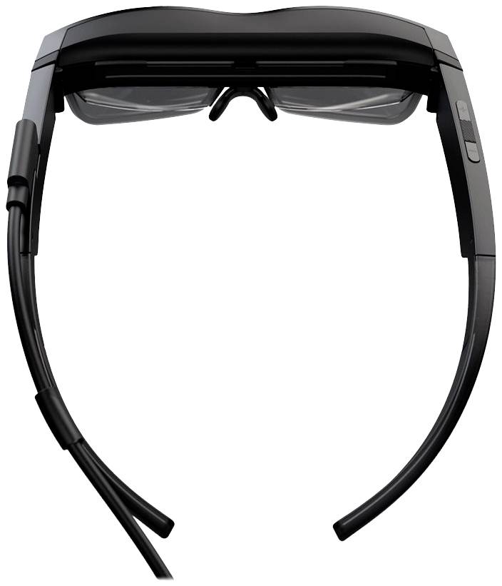 Černé brýle pro virtuální realitu s průhlednými čočkami a nastavitelnou konstrukcí, vhodné pro ponořující zážitky.