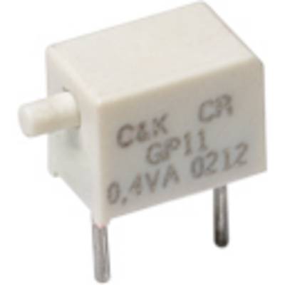Malý obdélníkový tlačítkový spínač v bílé barvě se dvěma kovovými svorkami, označený štítkem 'C&K CR GP11 0,4VA 0212'.