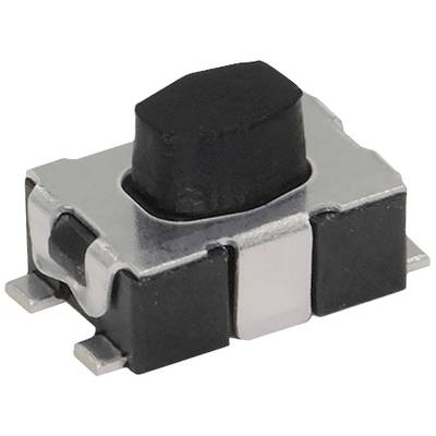 Malé černé obdélníkové tlačítko namontované na kovovém povrchu. Používá se pro elektronická zařízení.