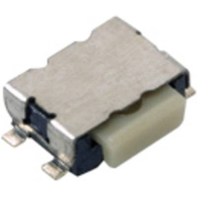 Obdélníkový elektrický spínač s kovovým povrchem a čtyřmi pájecími svorkami v rozích.