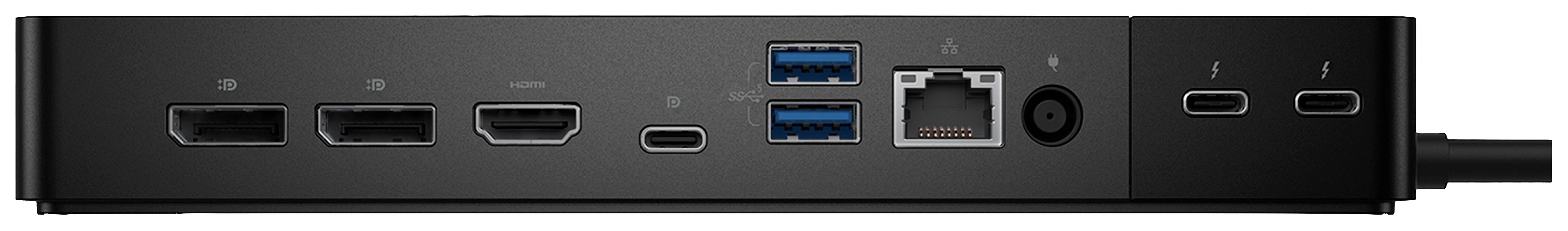 Zadní strana dokovací stanice s různými porty: dva HDMI, dva USB-A, ethernetový port, napájecí konektor a dva USB-C.