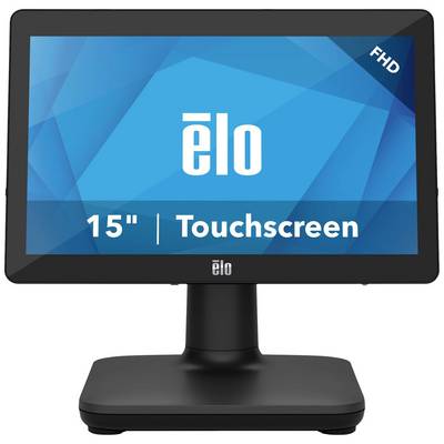 Černý monitor zobrazuje modré displej s bílým nápisem 'elo 15" Touchscreen FHD'.