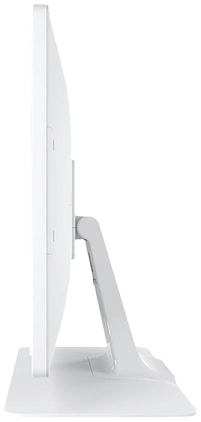 Boční pohled na bílý počítačový monitor s elegantním designem, stojící na štíhlé podstavě.