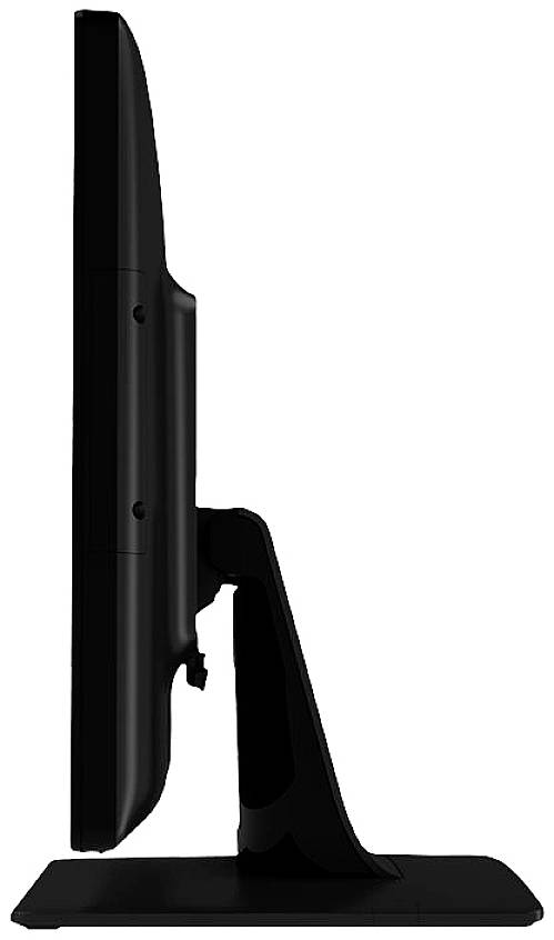 Boční pohled na počítačový monitor s elegantním designem, upevněný na obdélníkovém stojanu.