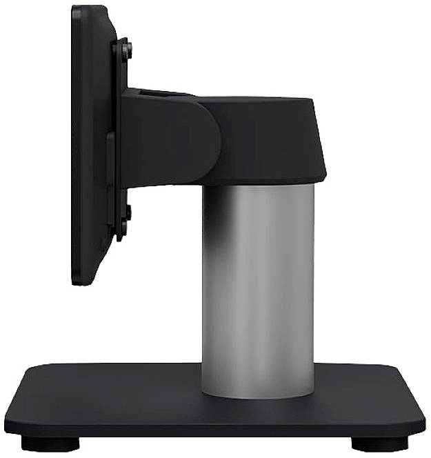 Černý a stříbrný stojan monitoru z bočního pohledu. Stojan vykazuje robustní design se stabilní základnou.