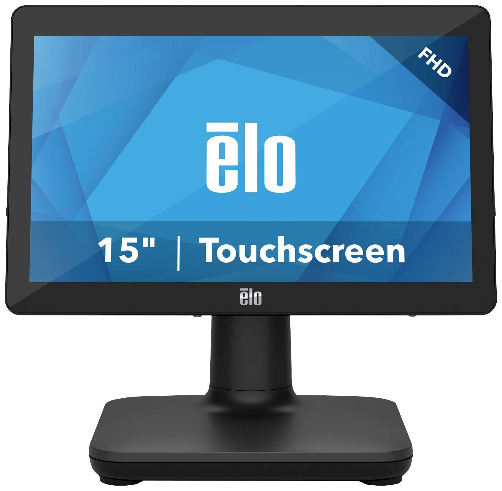 15palcový dotykový monitor značky Elo s rozlišením Full HD umístěný na černém stojanu. Ideální pro interaktivní aplikace.