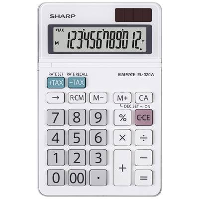 Bílá kalkulačka se solárním panelem zobrazuje čísla '123456789012' na displeji. Obsahuje tlačítka pro základní matematické funkce.