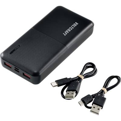 Černá powerbanka s nápisem 'VOLTCAT' a dvěma USB kabely, jeden s konektorem USB-C a druhý s konektorem Micro-USB.
