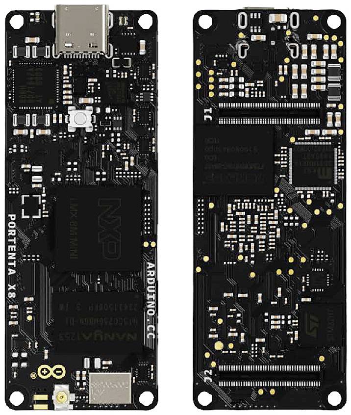 Pohled na oboustrannou desku mikrořadiče, označenou jako 'Portenta X8 Arduino', s různými elektronickými komponenty a konektory.