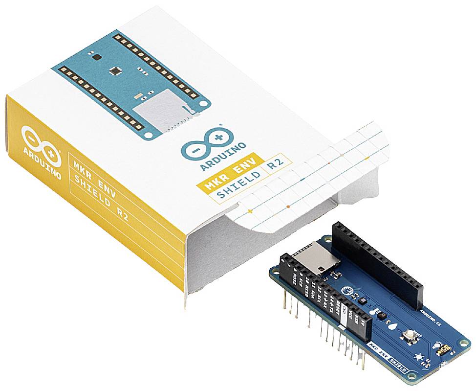Arduino MKR ENV Shield R2 vedle otevřeného obalu. Modré deska má několik pinů a senzorových ploch. Obal zobrazuje produktovou ilustraci.