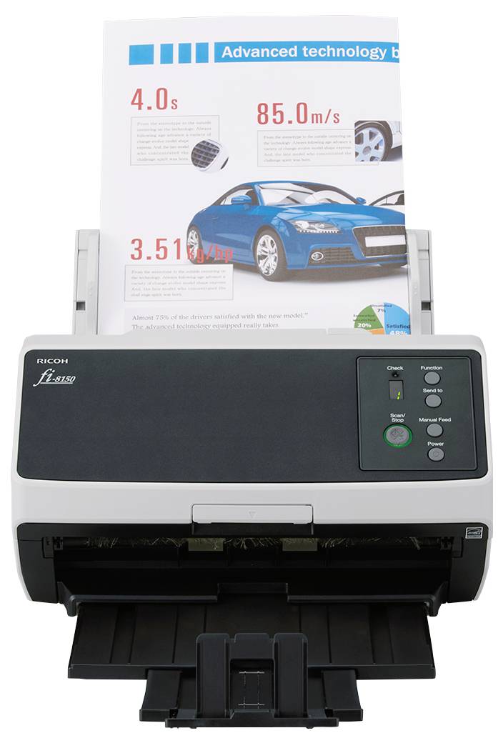 Skener skenující automobilový katalog. Nadpis katalogu zní "Pokročilá technologie" a obsahuje obrázek modrého automobilu a specifikace výkonu.