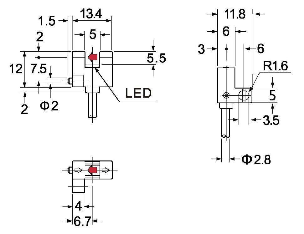Technický výkres elektrické součástky s LED. Rozměry a vzdálenosti jsou uvedeny v milimetrech. Hlavní rozměry: 13,4 mm, 11,8 mm, 6,7 mm.